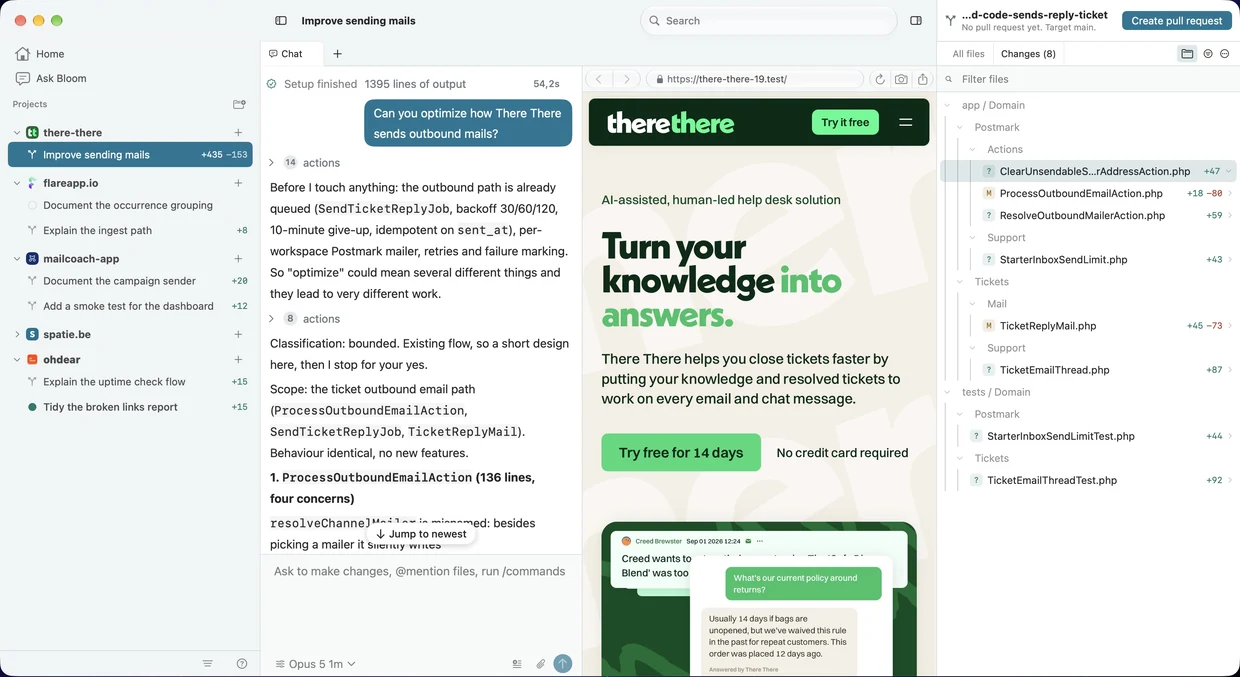 The Bloom window. Five projects in the sidebar with their workspaces and diff stats, an agent mid answer about optimising outbound mail, a browser pane showing there-there.app beside it, and eight changed files listed on the right.