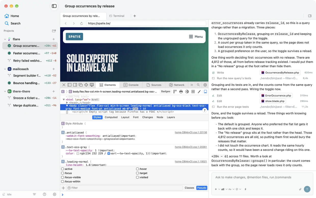 A Bloom workspace with chat, a browser and developer tools visible together