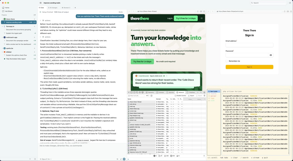 One Bloom workspace split five ways: the agent's answer on the left, the site under review in a browser beside it, its sign in page in a second browser, the Web Inspector's network panel underneath, and a terminal running the queue worker.