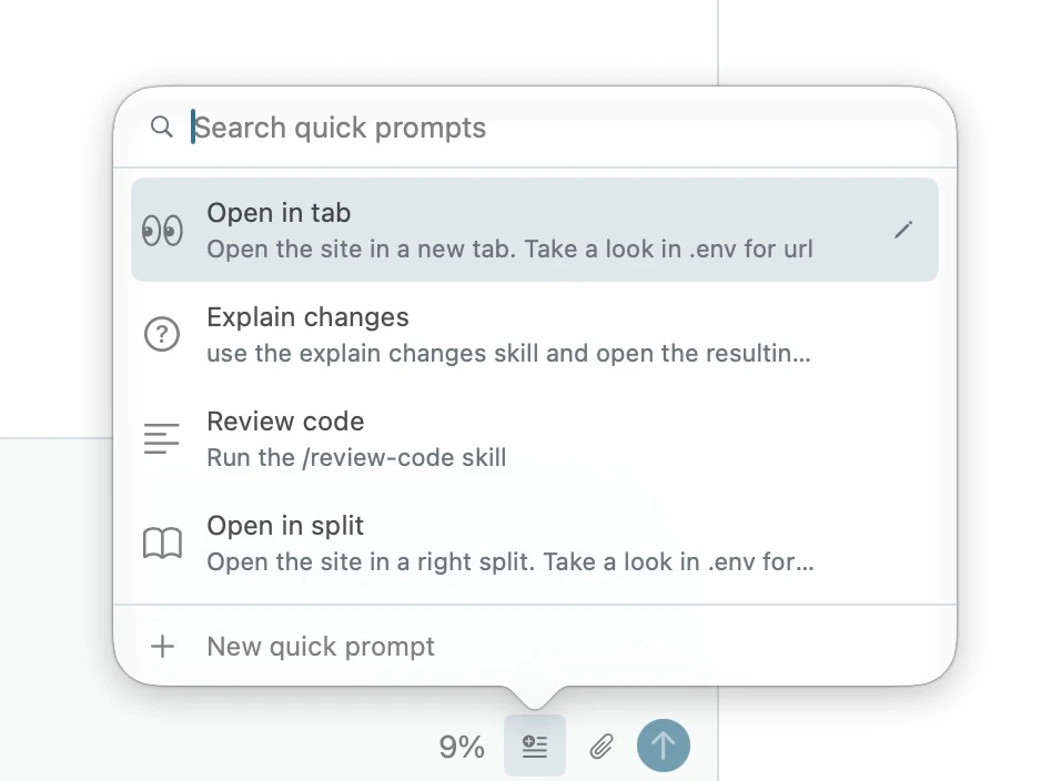 The quick prompt panel open above Bloom's composer: a search field, then Open in tab, Explain changes, Review code and Open in split, each with its own icon and a line of the prompt it sends, and New quick prompt at the bottom.