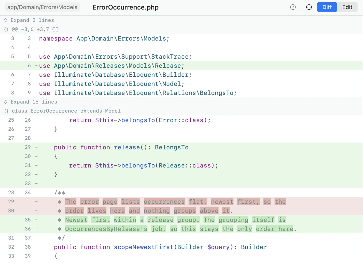 A code diff open in Bloom with the file list beside it