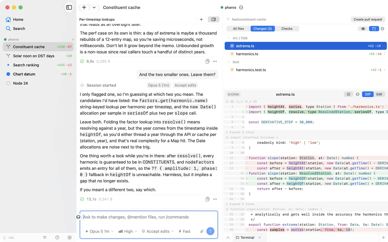 The Bloom window. Five workspaces down the left in different states, one of them with an agent still running, the open one showing a short exchange about the branch, and its changed files and diff on the right.